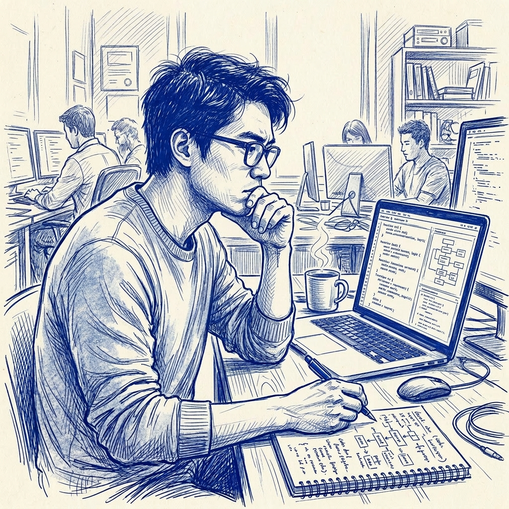 Person writing notes and coding on a laptop in an office with other workers