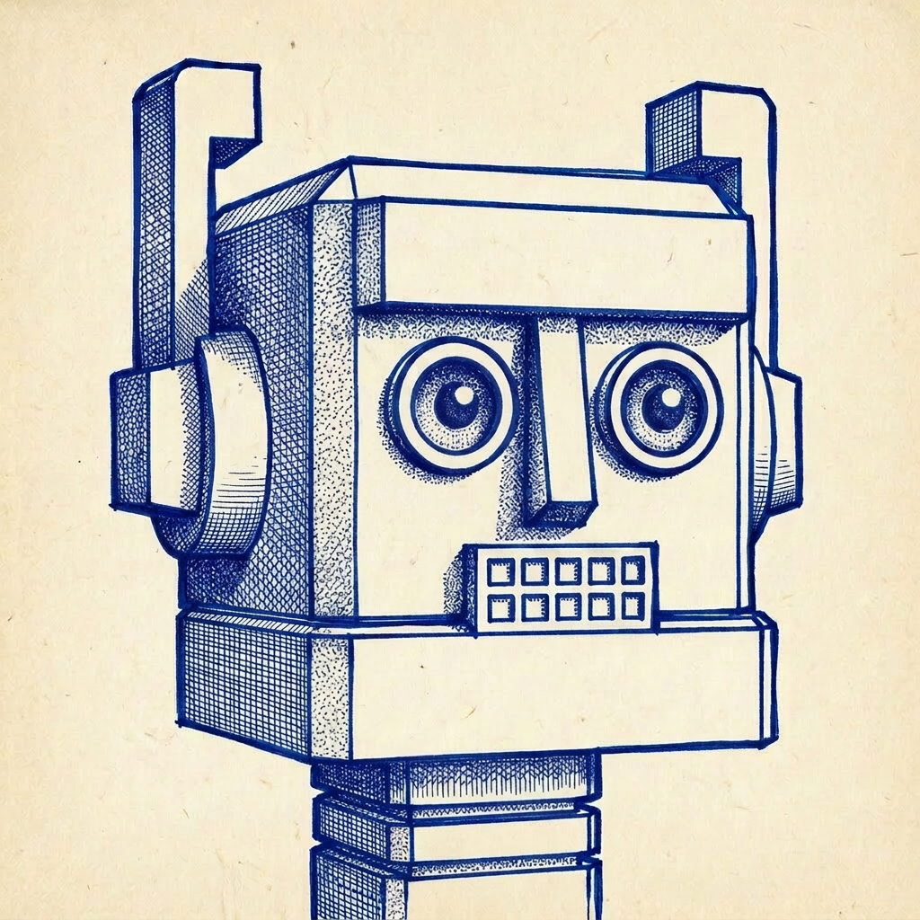 Line drawing of a retro robot head with circular eyes and rectangular mouth